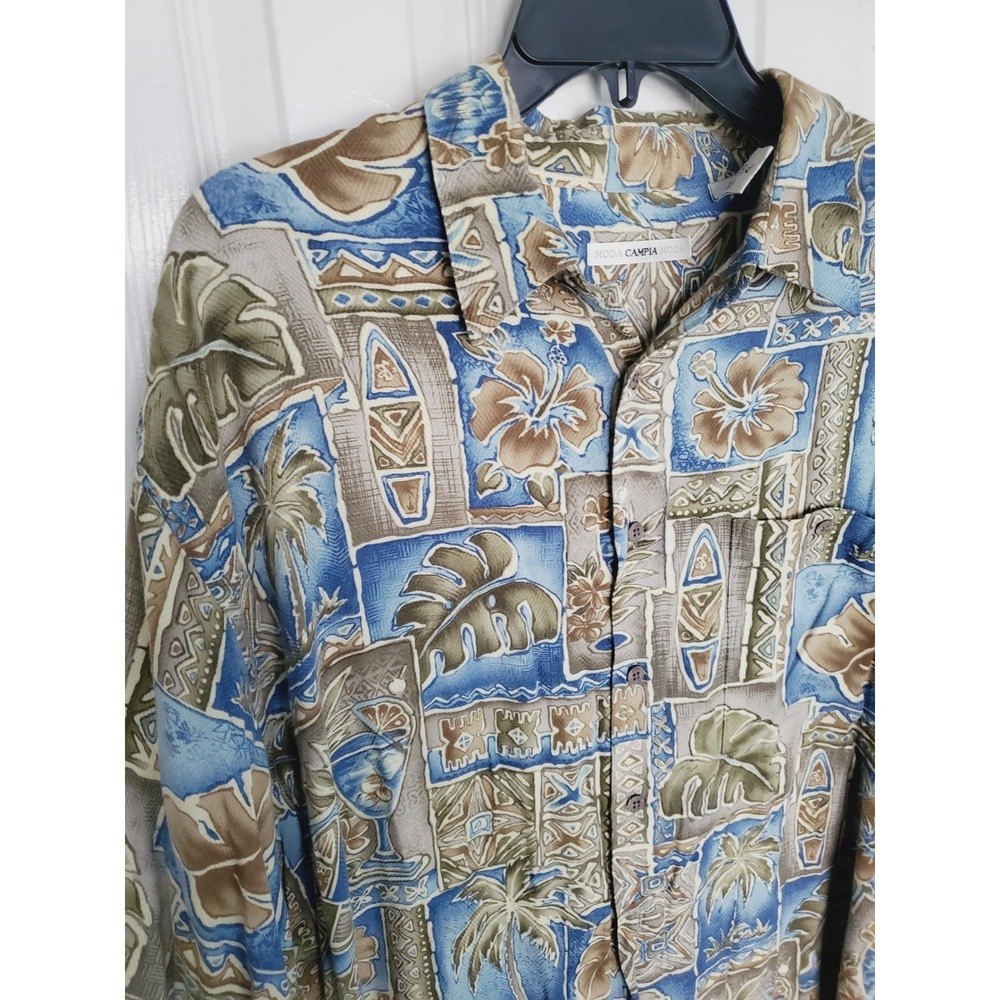 Vtg Moda Campia Hawaiian Shirt Blue Green Tropical Floral Dadcore Surf Beach XL